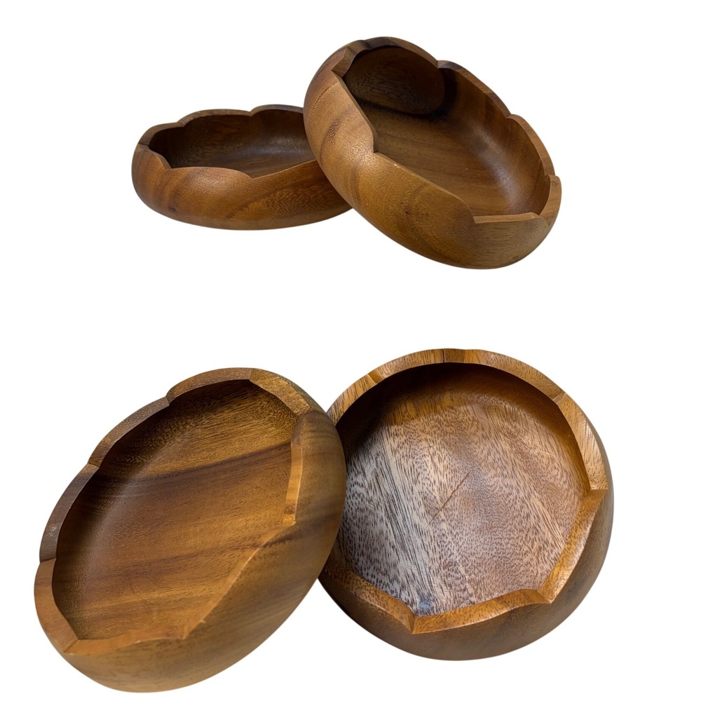 Vintage Acacia Wood Scalloped Flower Petal Serving Bowls Set of 4 Brown 6 Inch